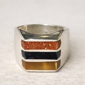 Sterling Silver 925 Taxco Ring Size 8 Goldstone Tiger’s Eye Inlay Mexico